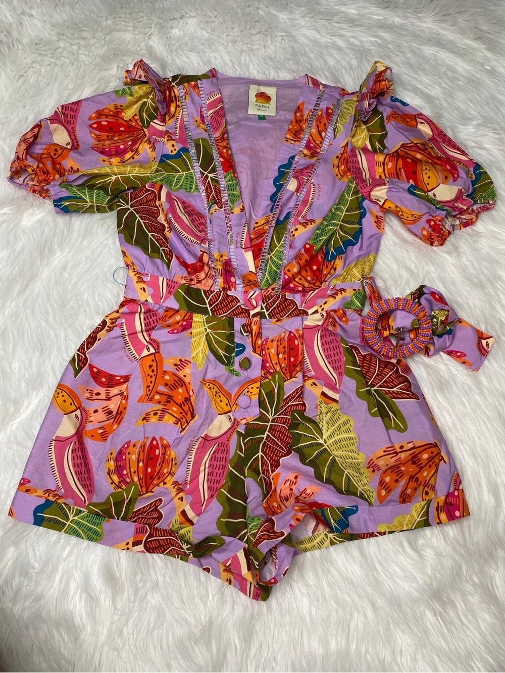FARM Rio Lavender Floral V-Neck Romper with Orange & Green Accents